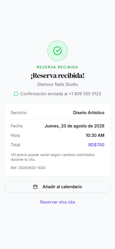 Reserva recibida con el resumen de la cita