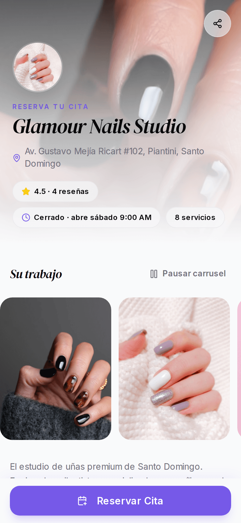 Página pública de reservas de un negocio con servicios y botón Reservar Cita